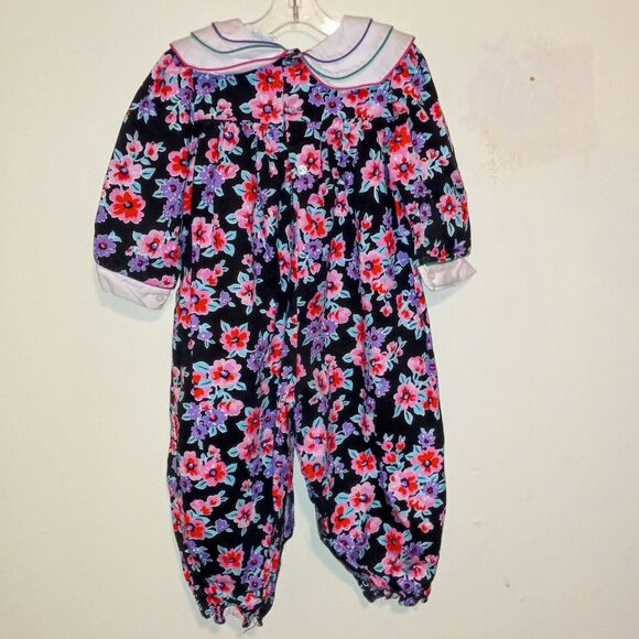 Vintage Tiny Tots Dark Floral Bubble Romper-Size 3T-Snap Crotch-3D Flower Collar - Picture 5 of 10